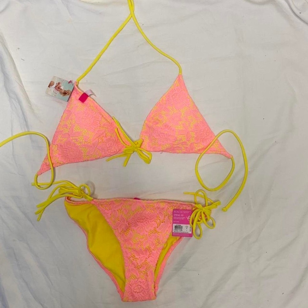 Victoria’s Secret pink/yellow lace halter swimsuit - NWT